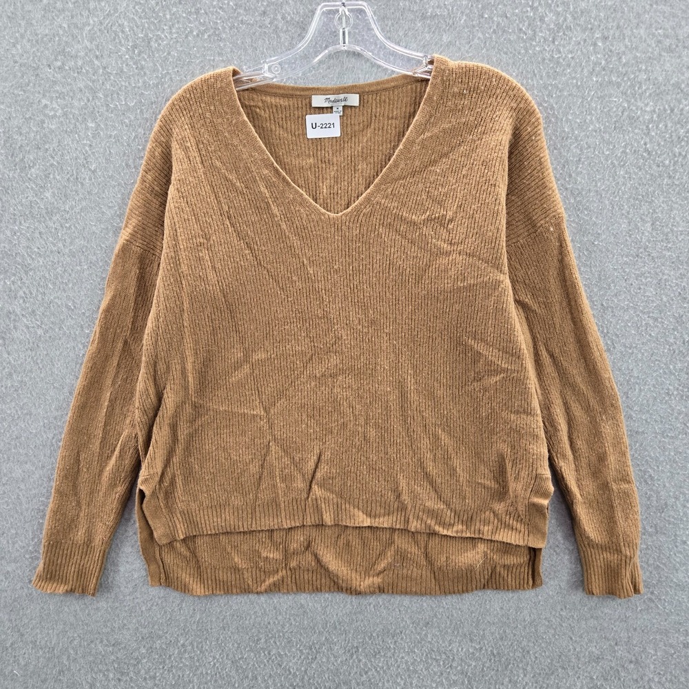 Madewell Women Sweater M Brown‎ Ribbed Merino Wool Blend Hi Low Hem V Neck